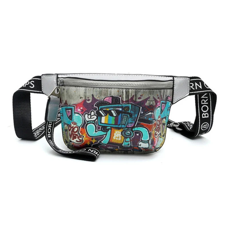 Graffiti Printed Fanny Pack for Women PU Waist Bags Kids Hip Hop Banana Bag