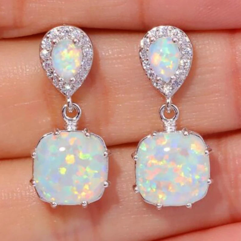 925 Silver Opal Earrings Square Design