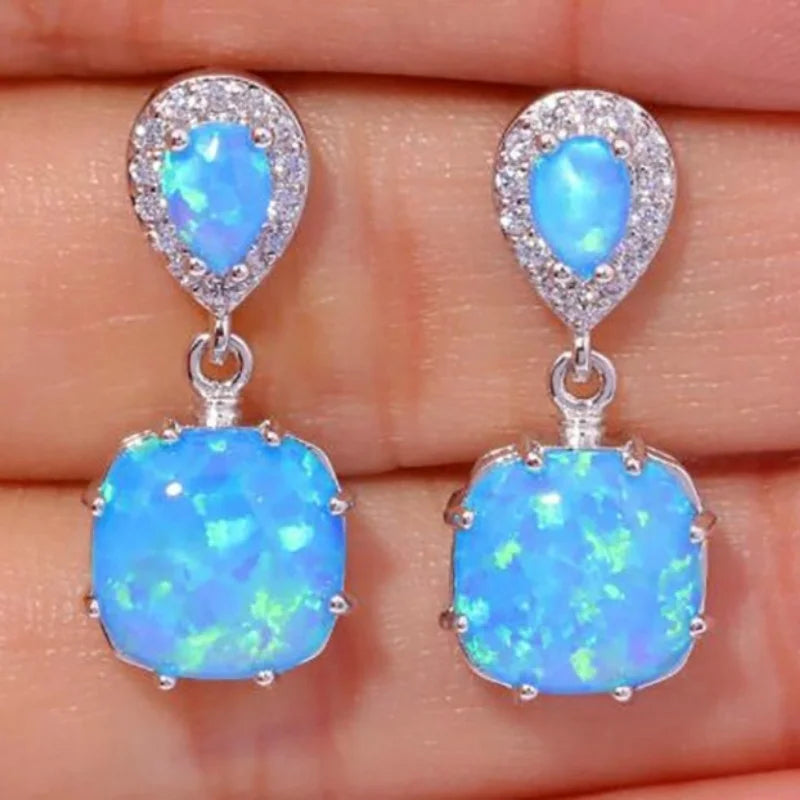 925 Silver Opal Earrings Square Design