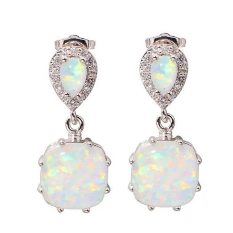 925 Silver Opal Earrings Square Design