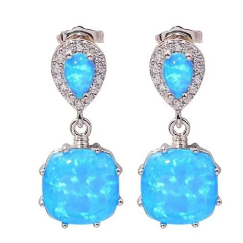 925 Silver Opal Earrings Square Design