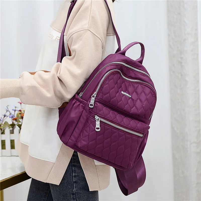 Women Diamond Lattice Nylon Backpack Retro School Bag