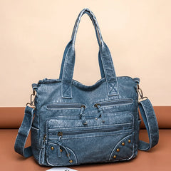 Vintage Denim Soft Pu Leather Handbags Large Capacity Tote Bag