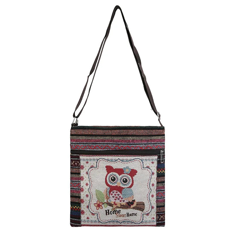 Owl Shoulder Bag Women Messenger Bag Embroidered Fabric Canvas Bag