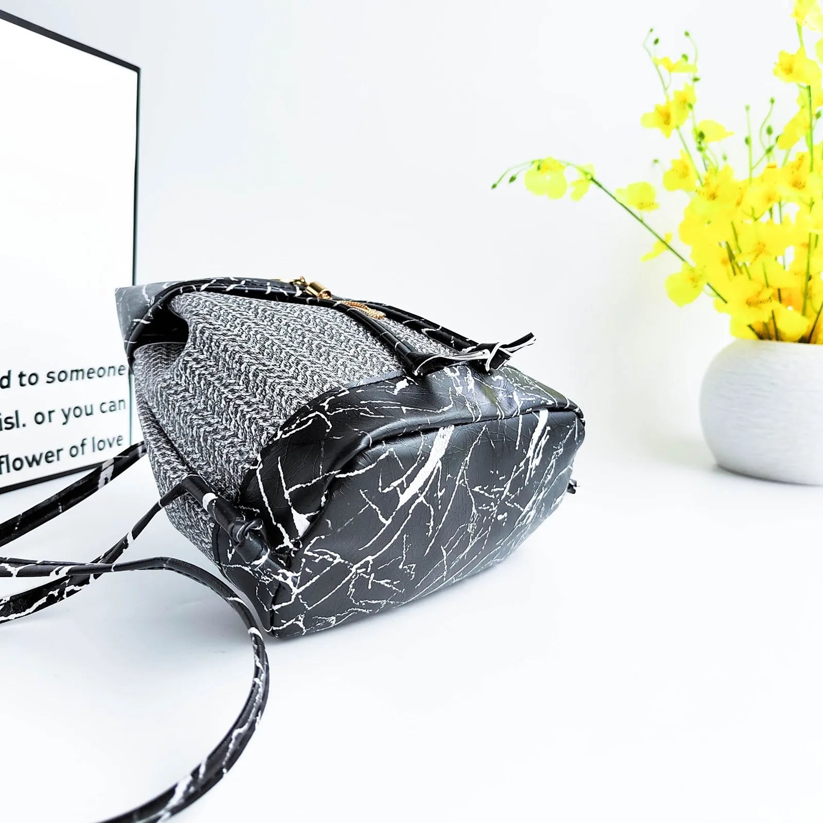 Women Drawstring Stone Pattern Backpack Tassel Bag Weave Small Backpack