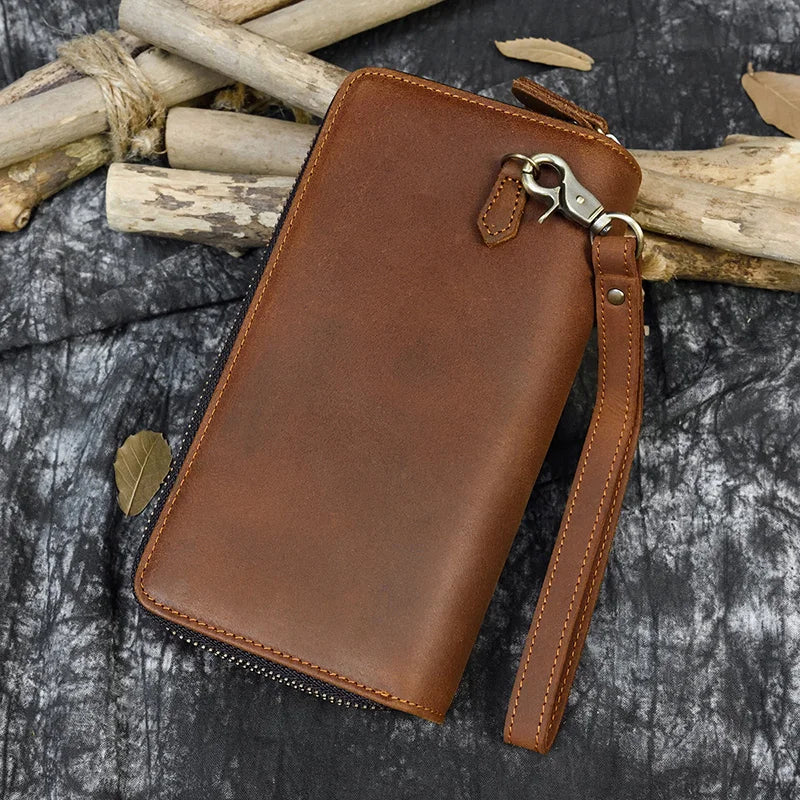 Double Layer Leather Long Purse Vintage Cowskin Zipper Wallet