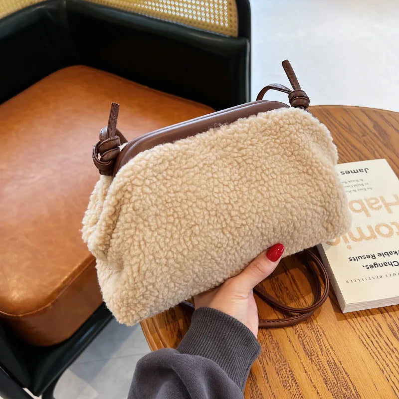 Female Small Cloud Bag Lamb Wool Shoulder Bags for Women Clip Clutch Fur Crossbo
