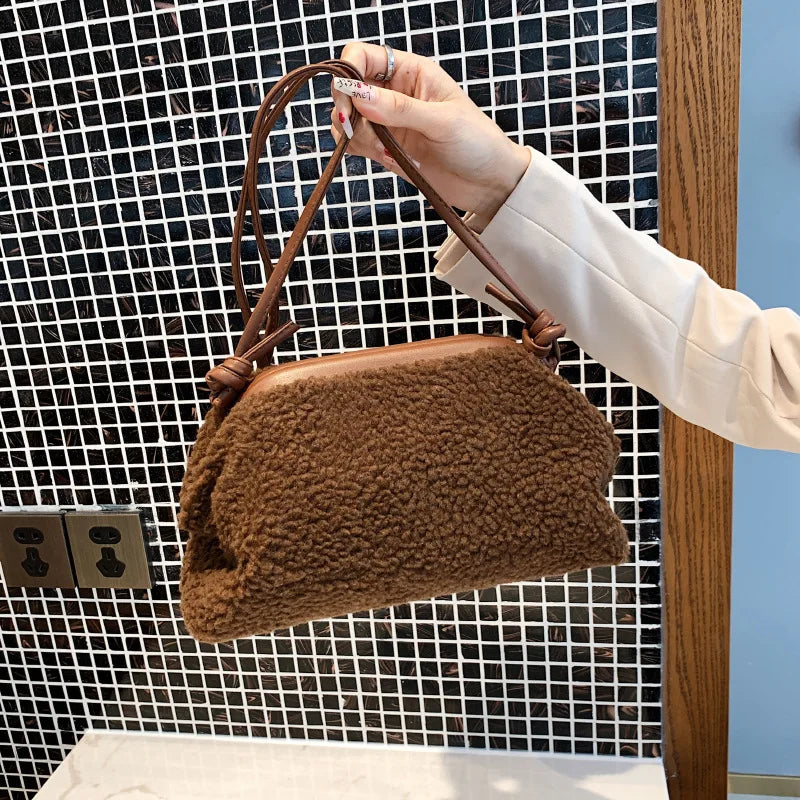 Female Small Cloud Bag Lamb Wool Shoulder Bags for Women Clip Clutch Fur Crossbo