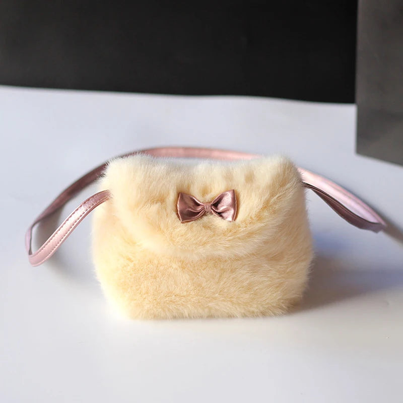 Girls Kids Purse Bowknot Mini Fur Children Handbags Cross Body Bag