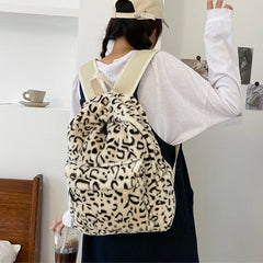 Leopard Print Plush Backpack Large Capacity School Bag