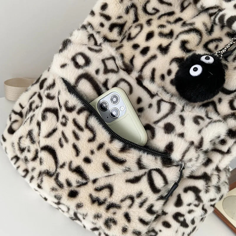 Leopard Print Plush Backpack Women Large Capacity School Bags