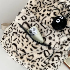Leopard Print Plush Backpack Women Large Capacity School Bags