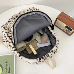 Leopard Print Plush Backpack Women Large Capacity School Bags