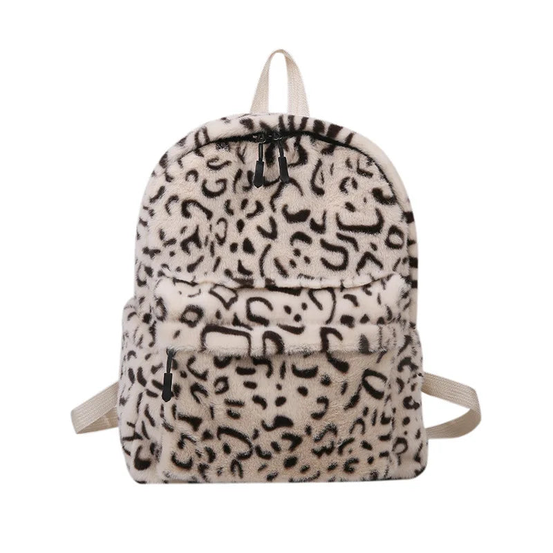 Leopard Print Plush Backpack Large Capacity School Bag