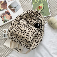 Leopard Print Plush Backpack Women Large Capacity School Bags
