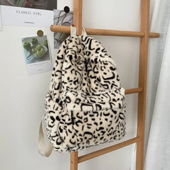 Leopard Print Plush Backpack Women Large Capacity School Bags
