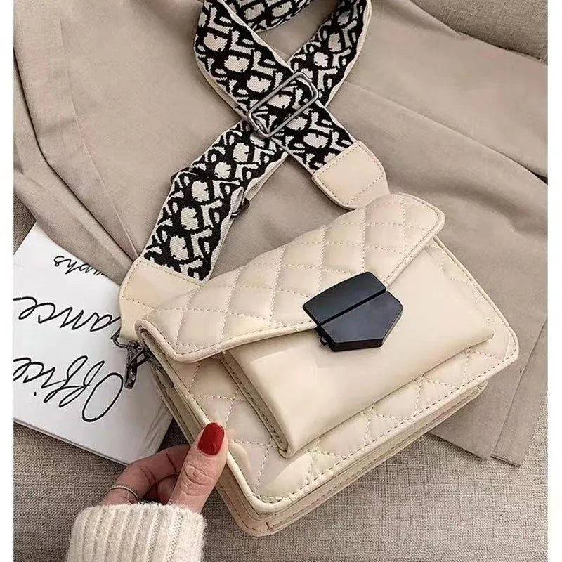 Women Bag Wide Shoulder Strap Bag Crossbody Bags Chain Rhombus PU Leather