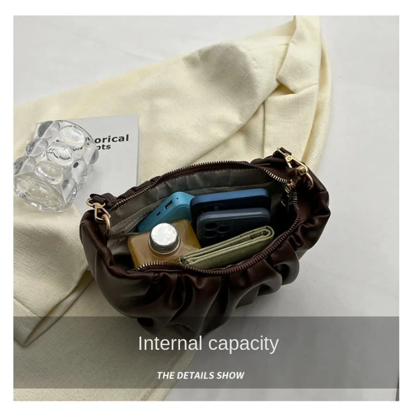 Pleated Shoulder Bag Solid PU Zipper Cross Bag Women Handbag