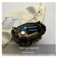 Pleated Shoulder Bag Solid PU Zipper Cross Bag Women Handbag