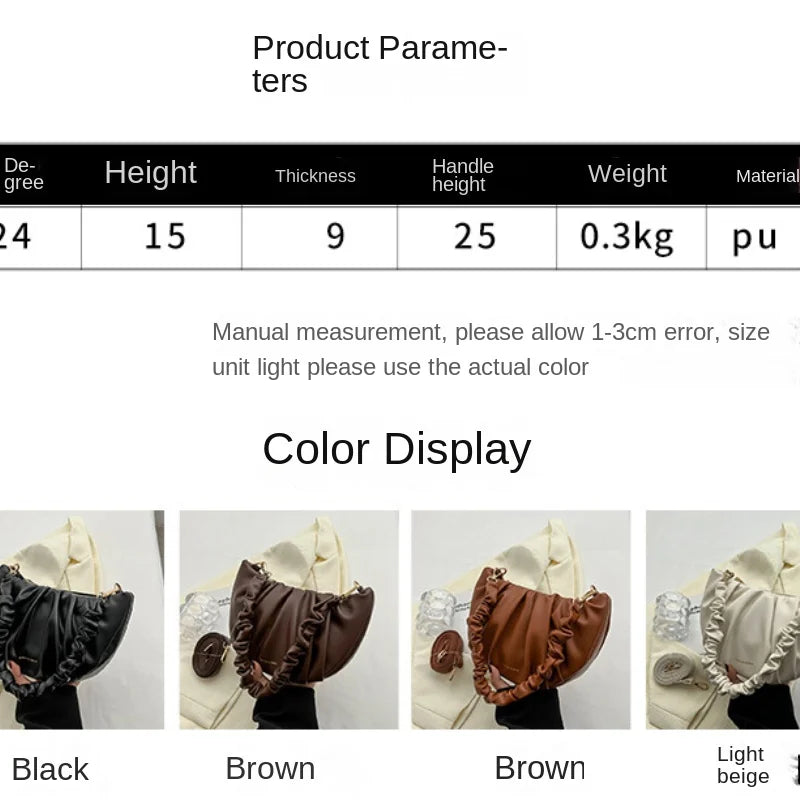Pleated Shoulder Bag Solid PU Zipper Cross Bag Women Handbag