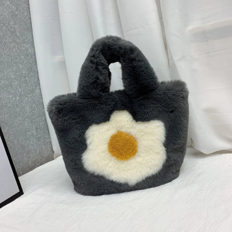 Egg Print Plush Handbag for Women with Chain Strap