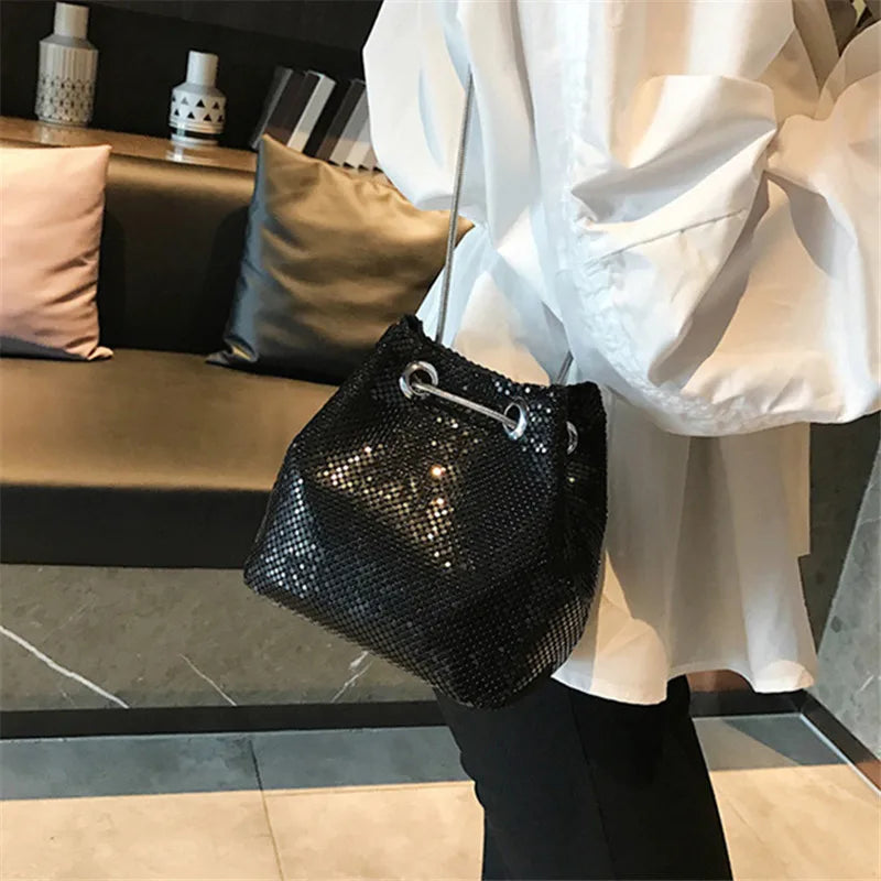 Sequin Women Drawstring Bucket Bag Female Party Purse Handbags