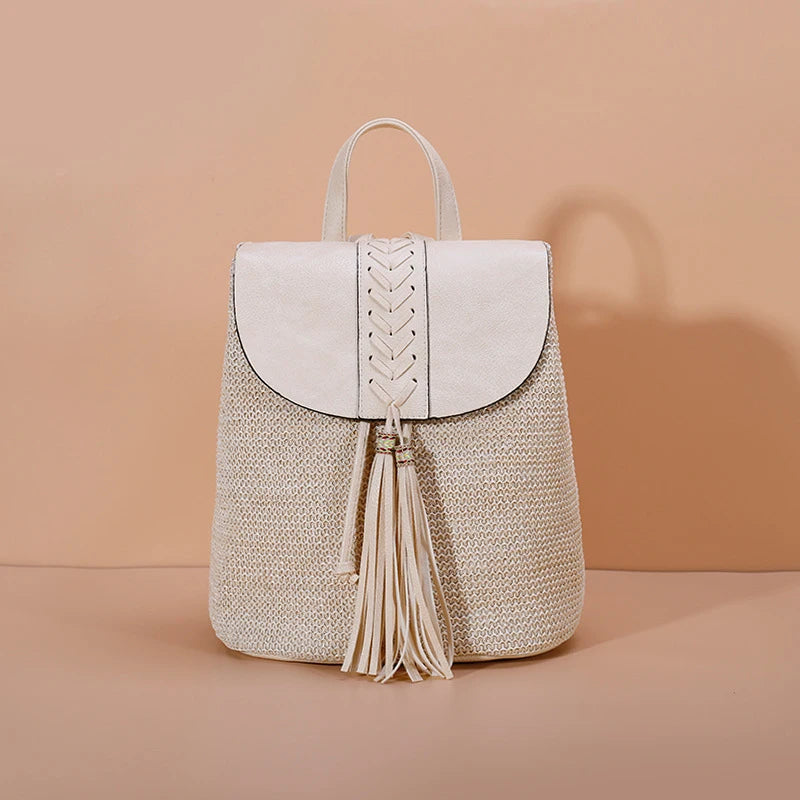 Women's Straw Backpack for Summer Travel Weaved Shoulder Bag Mochila