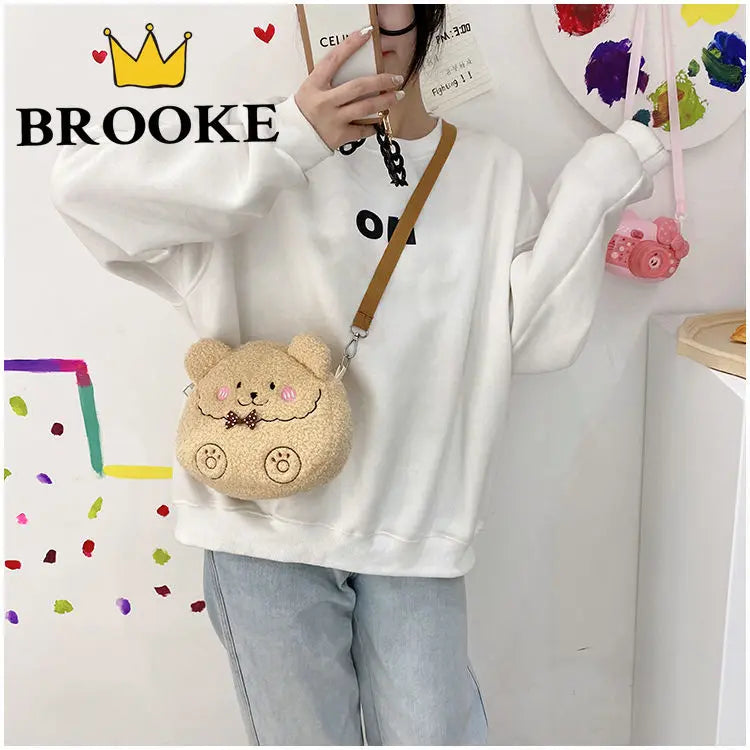 3D Plush Bear Crossbody Bag for Women - Cute Girls Shoulder Purse