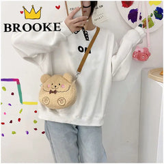 3D Plush Bear Crossbody Bag for Women - Cute Girls Shoulder Purse