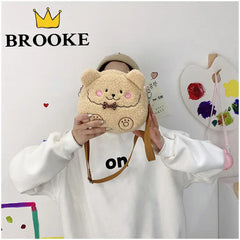 3D Plush Bear Crossbody Bag for Women - Cute Girls Shoulder Purse