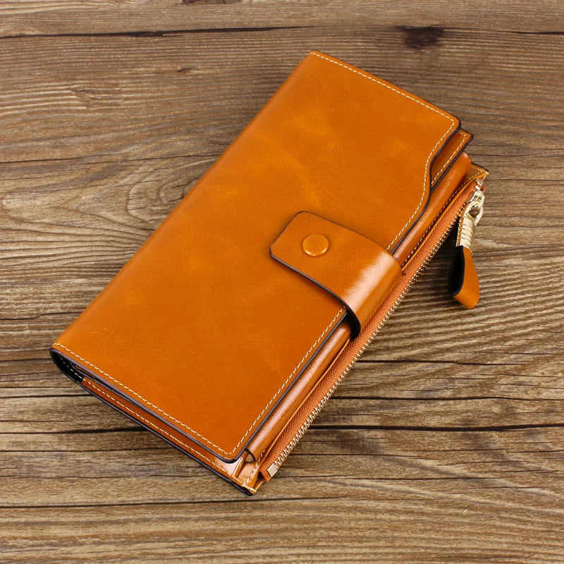 Oil Wax Leather Women's Card Wallet Long Large Capacity Bag