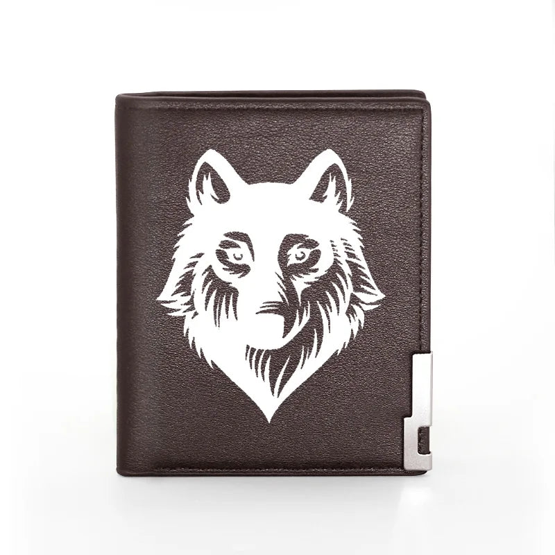 Wolf Head Print Leather Wallet Men Women Billfold Slim Credit Card/ID Holders