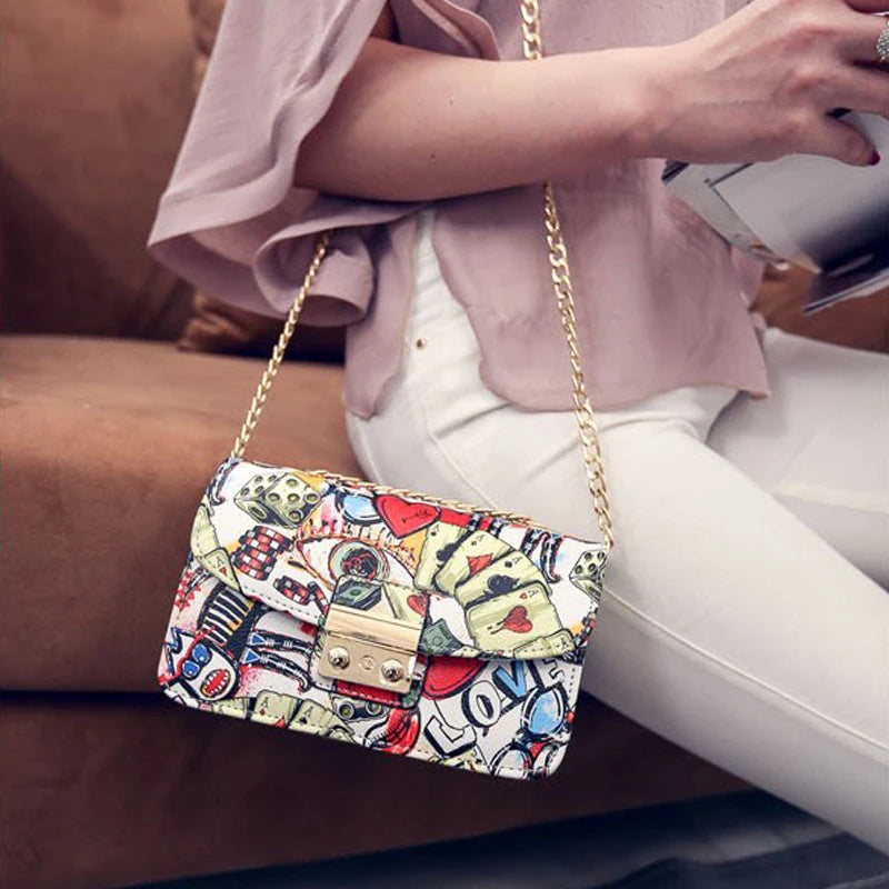 Summer Graffiti Ladies Handbags Mini Bag Heart Pattern Chain Women Messenger Bag