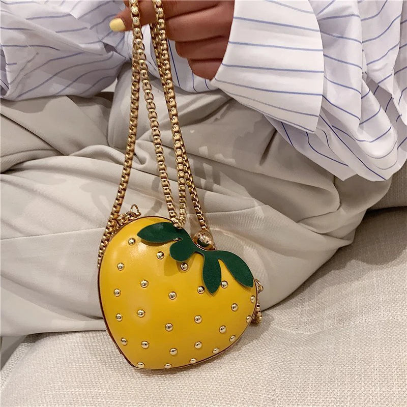 Women Heart Shape Shoulder Bag Clutch Rivet Mini Strawberry Crossbody Bag