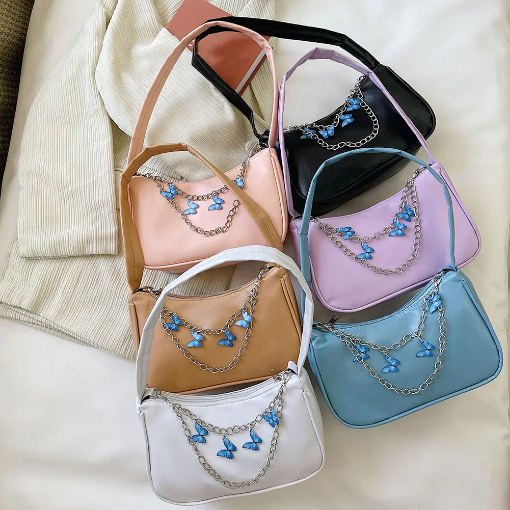 Women PU Leather Shoulder Underarm Bag Vintage Butterfly Chain