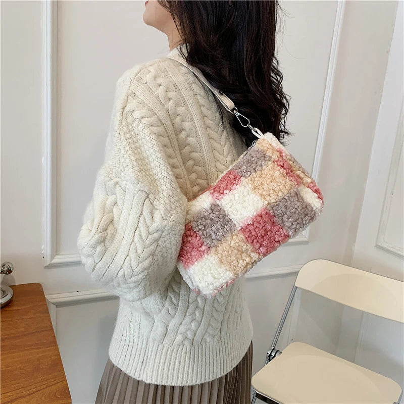 Women Short Plush Furry Handbag Top Handle Shoulder Bags