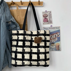 Women Shoulder Bags Plaid Handbag Student School Large Capacity Totes Canvas Bag