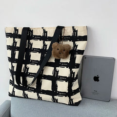 Women Shoulder Bags Plaid Handbag Student School Large Capacity Totes Canvas Bag
