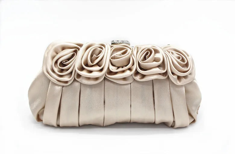 Retro Silk Flower Shoulder Bag Metal Evening Clutch Purse