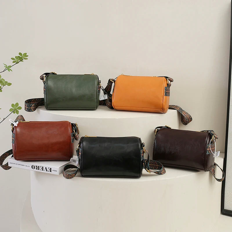 Colorful Embroidery Shoulder Strap Pillow Bag Crossbody Boston Cylinder Bags