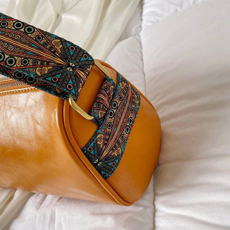 Colorful Embroidery Shoulder Strap Pillow Bag Crossbody Boston Cylinder Bags