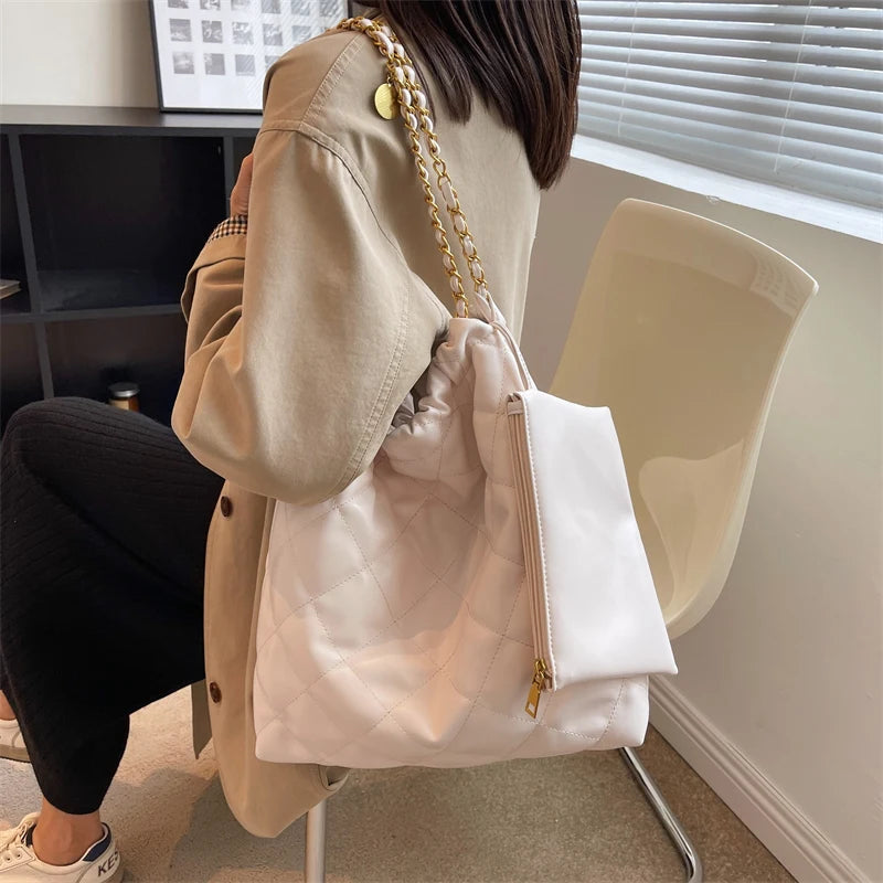 Solid Chain Shine Bag Women Party High Capacity Tote Multifunction Handbags