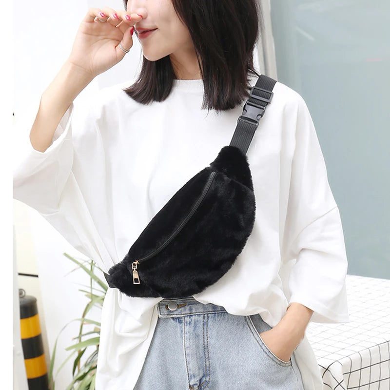 Rabbit Fur Fanny Pack Winter Bum Bag Plush Waist Bag