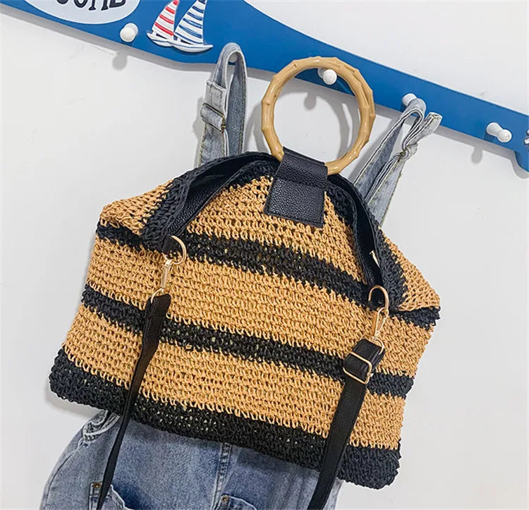 Female Straw Bag Women Crossbody Bag Carry Bamboo Make Straw Handle Handbag