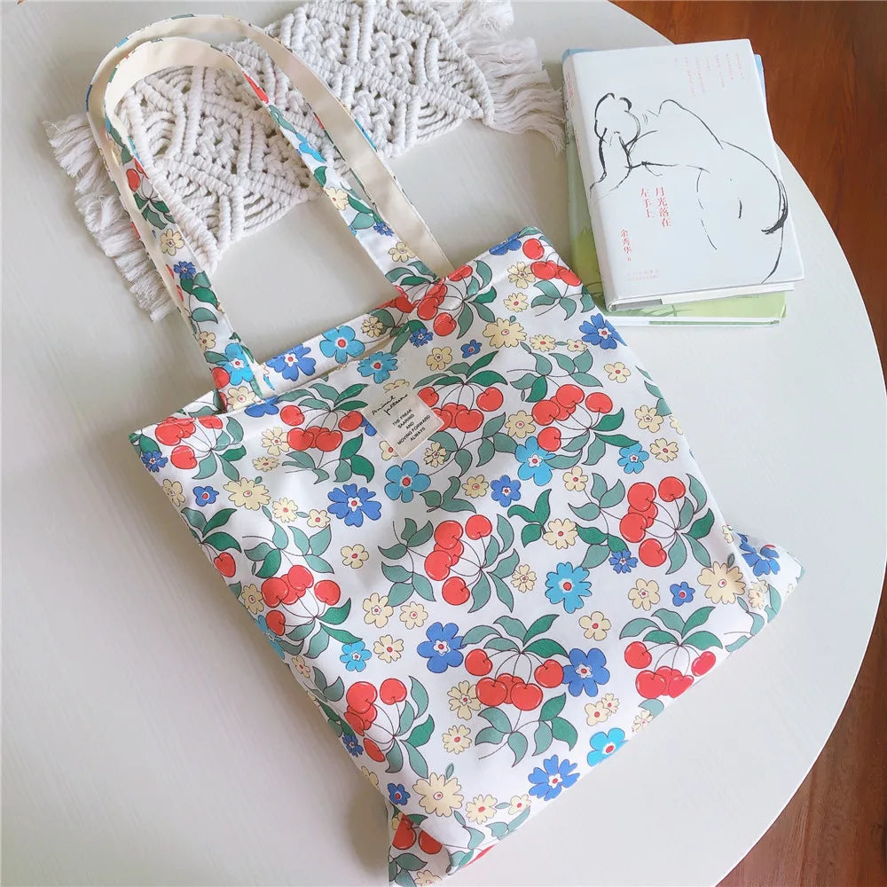 Fresh Flower Cotton Rag Bag Large Capacity Eco Tote Summer Shoulder Bag