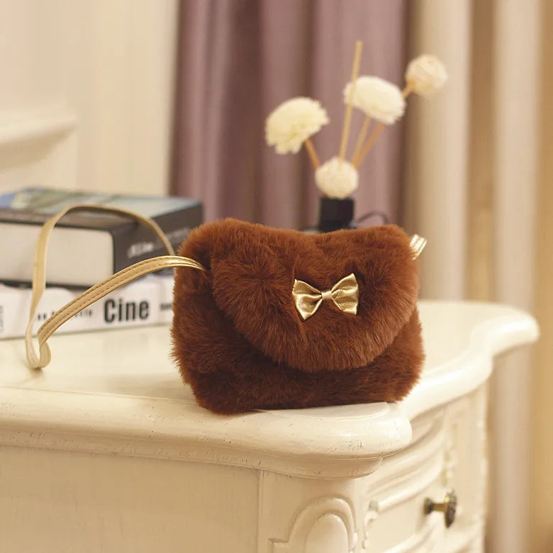 Girls Kids Purse Bowknot Mini Artificial Fur Handbag Cross Body