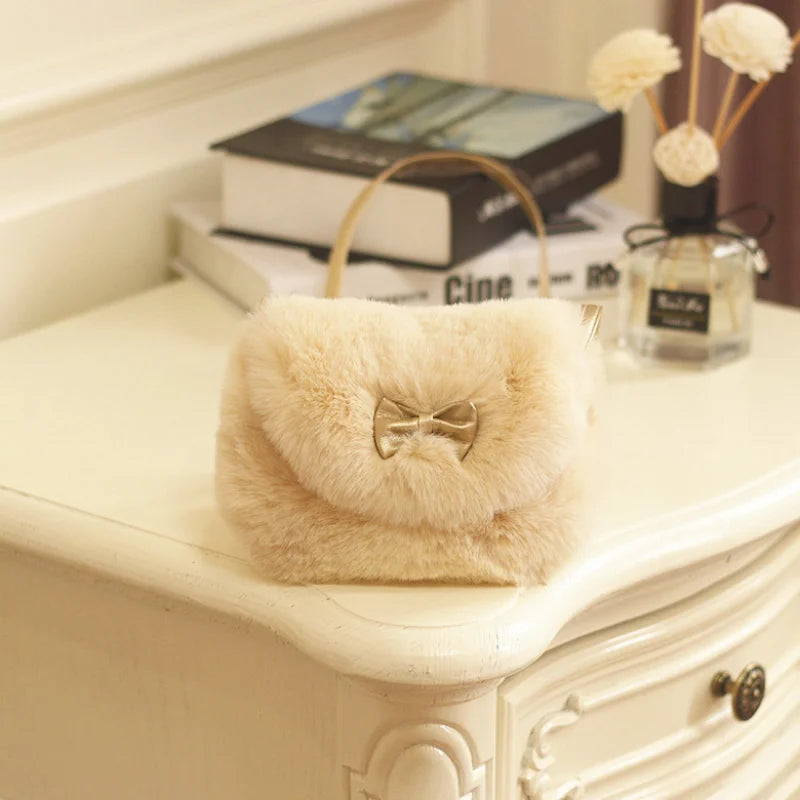 Girls Kids Purse Bowknot Mini Artificial Fur Handbag Cross Body