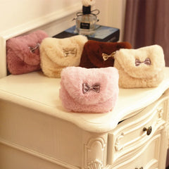 Girls Kids Purse Bowknot Mini Artificial Fur Handbag Cross Body