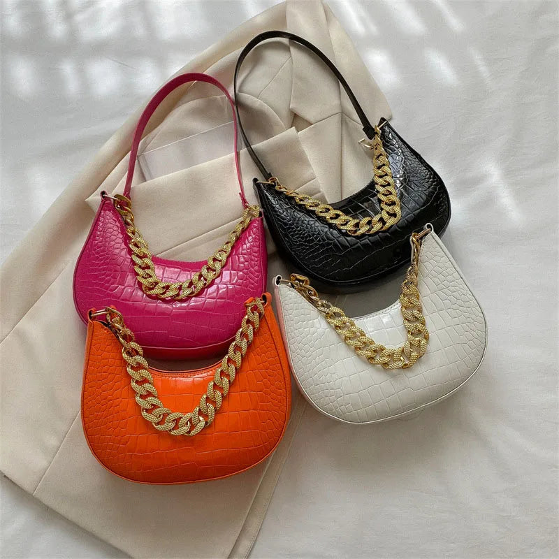 Crocodile Pattern Half Moon Chain Shoulder Bag