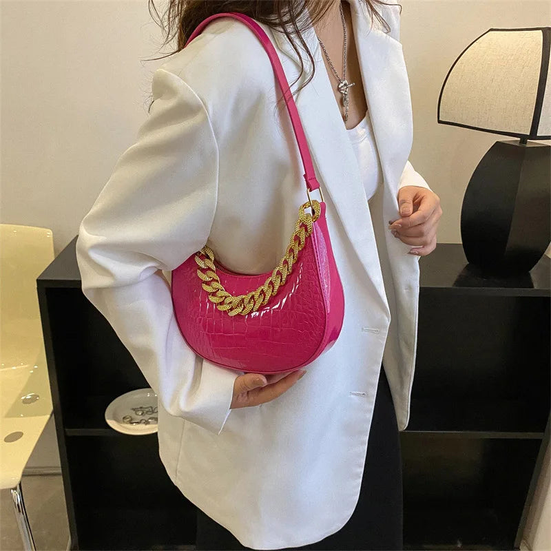 Crocodile Pattern Half Moon Chain Shoulder Bag